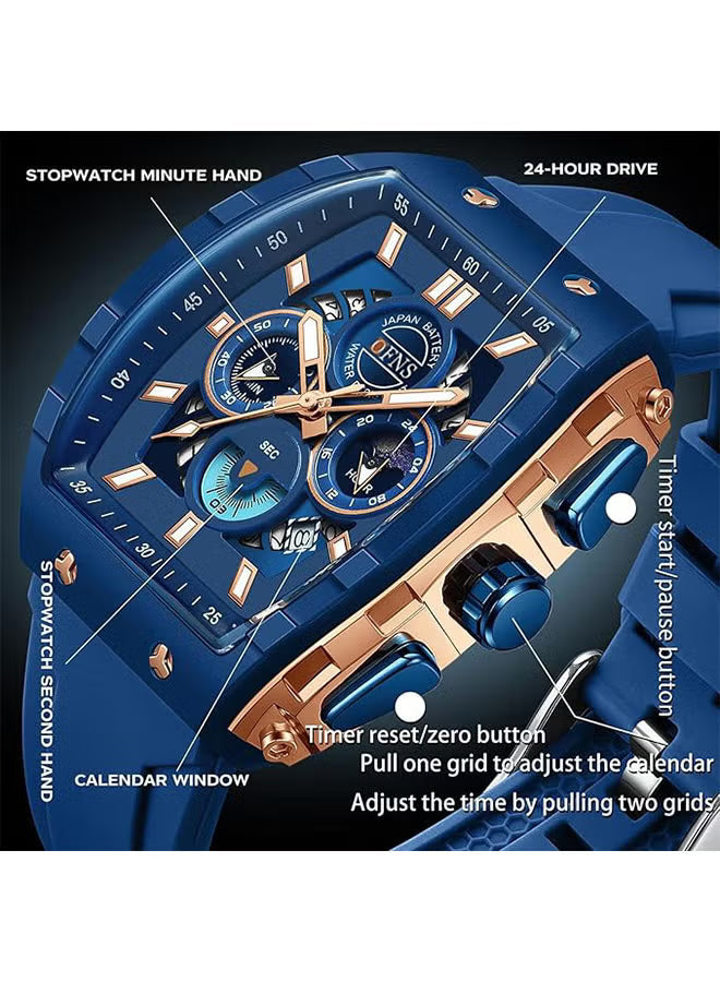 Men Watch Chronograph Analogue Sport Waterproof Running Stopwatch Tonneau Watches for Men Luminous Moon Phase Display Quartz Wrist Watch