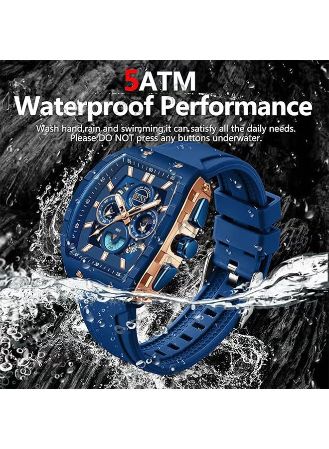 Men Watch Chronograph Analogue Sport Waterproof Running Stopwatch Tonneau Watches for Men Luminous Moon Phase Display Quartz Wrist Watch
