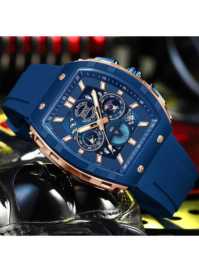 Men Watch Chronograph Analogue Sport Waterproof Running Stopwatch Tonneau Watches for Men Luminous Moon Phase Display Quartz Wrist Watch