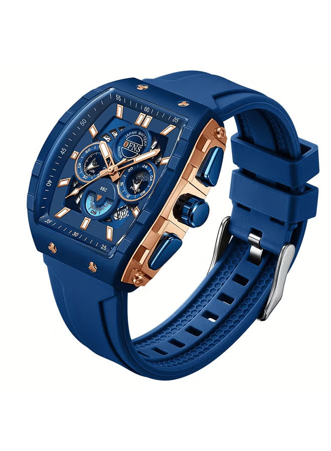 Men Watch Chronograph Analogue Sport Waterproof Running Stopwatch Tonneau Watches for Men Luminous Moon Phase Display Quartz Wrist Watch
