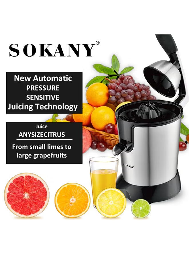 Electric Orange Juicer,Citrus Juicer Squeezer with Two Interchangeable Cones, Suitable for Orange, Lemon and Grapefruit, Brushed Stainless Steel, Easy to Clean and Use
