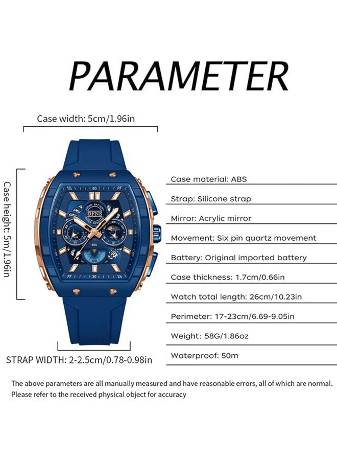 Men Watch Chronograph Analogue Sport Waterproof Running Stopwatch Tonneau Watches for Men Luminous Moon Phase Display Quartz Wrist Watch