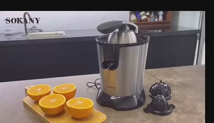 Electric Orange Juicer,Citrus Juicer Squeezer with Two Interchangeable Cones, Suitable for Orange, Lemon and Grapefruit, Brushed Stainless Steel, Easy to Clean and Use